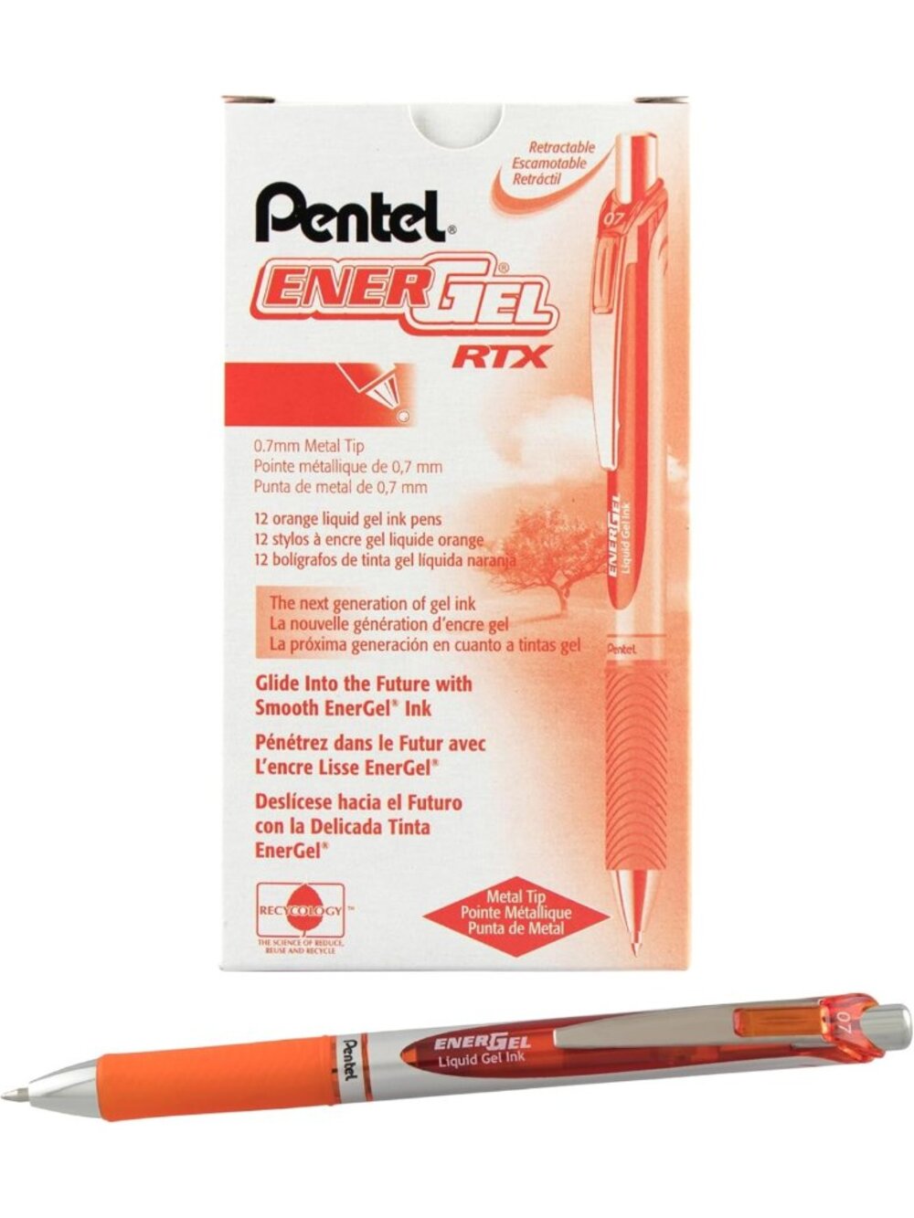 Retractable Liquid Gel Pens, 0.7mm Metal Tip, Medium Line, Orange Ink, Set of 12